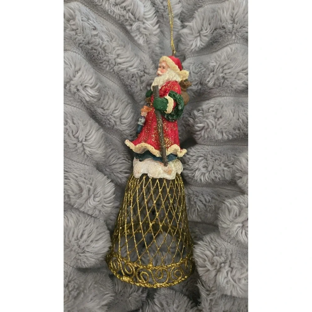 Christmas Santa Claus Gold Glitter Metal Mesh Bell‎ Tree Ornament NOS VINTAGE
